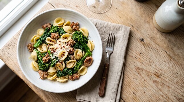 Orecchiette with Broccoli Rabe and Sausage: A rustic bowl of orecchiette pasta, tossed with vibrant green broccoli rabe and savory sausage crumbles, presented on a wooden table.