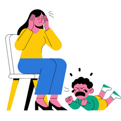 Stressed mother with a headache looking at her angry child