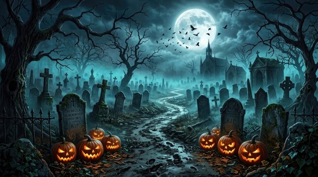 Spooky halloween graveyard scene featuring glowing jack o lanterns under a bright full moon in a misty night landscape