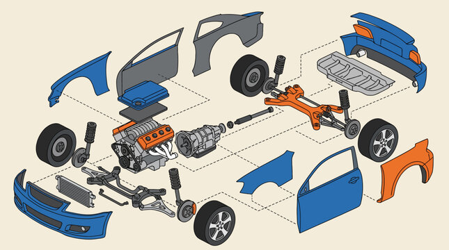 Car Parts Exploded View Vector Diagram