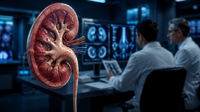 Human Kidney Cross Section with Renal Cortex, Medulla and Collecting System in Advanced Nephrology Research Laboratory, Medical Illustration