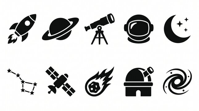 Create a premium space exploration and astronomy icon collection featuring 10 modern minimalist space-themed vector icons in a clean flat silhouette style. Design each icon using bold solid black fill