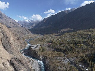 Aerial view of mountain valley with river and village © Phuc