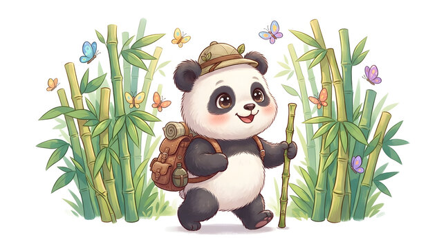 Cute panda explorer walking through bamboo forest with butterflies
