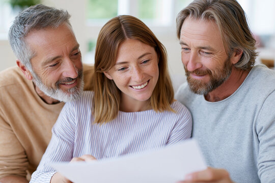 Three people share a joyful moment together. They all smile warmly while looking at a document. The woman sits in the center, holding the paper. The two men lean in