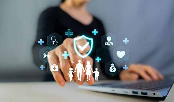 Woman touching family health insurance icon on virtual screen for life protection concept