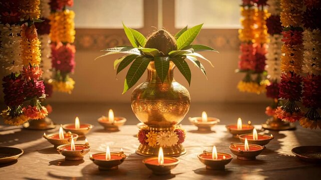 Brass pot with coconut and mango leaves surrounded by lit oil lamps