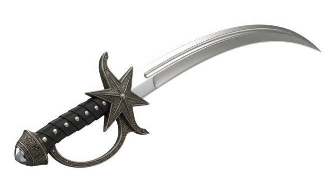 Black curved sword with handle details isolated on transparent background