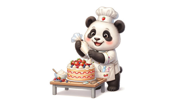 Cute panda chef decorating a cake with strawberries and cream