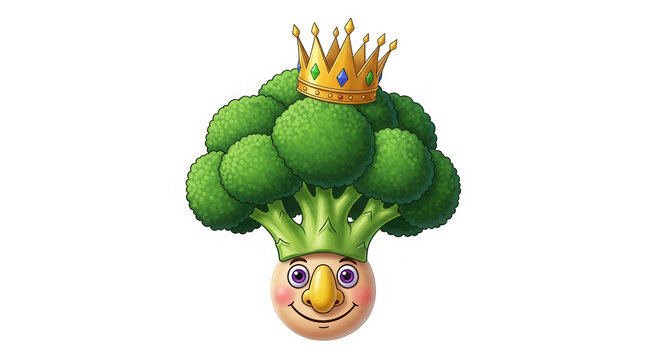 Smiling cartoon broccoli with crown as king isolated on transparent background