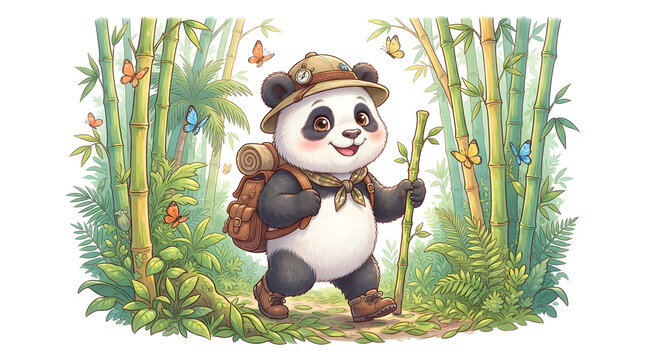 Cute panda explorer with backpack in bamboo forest illustration