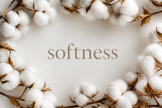 Cotton bolls frame the word softness against a light background.
