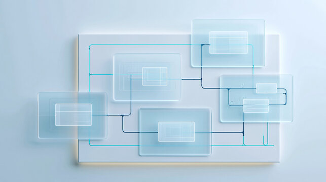 Abstract digital network diagram with connected glass rectangles and blue lines.