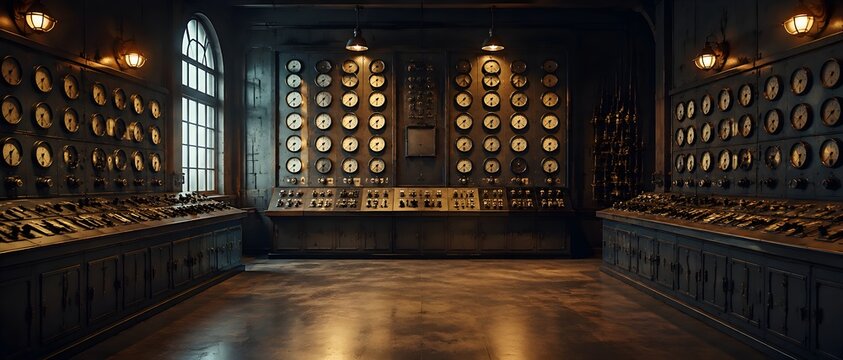 Analog Industrial Instruments Fill Empty Control Room With Repeating Gauges Creating Detailed Vintage Engineering Scene