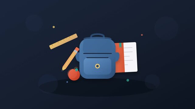 Back to school concept illustration with a backpack, notebook, pencil, ruler, and an apple on dark background