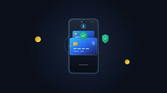 Secure mobile payment concept with credit cards and smartphone illustration on dark background