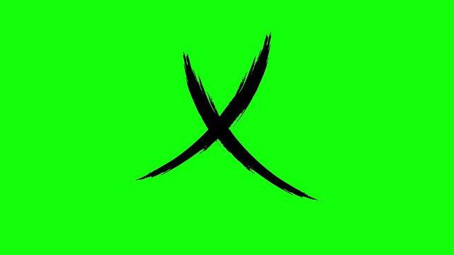 Animated Japanese Katakana character Tsu (?) with a black ink brush stroke on a green screen.