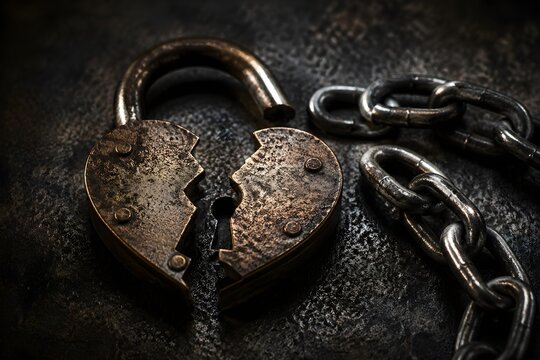 Heart Shaped Lock Split Open Beside Loose Chain Creates Moody Symbol of Broken Trust Photography