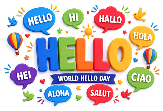 Colorful world hello day greeting with multiple languages and cheerful illustrations isolated design