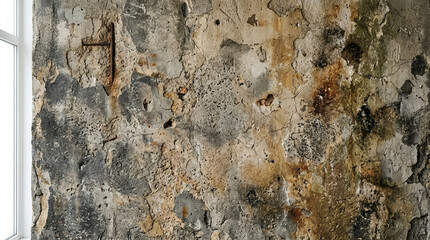Fototapeta premium Aged concrete wall texture with exposed rebar and water damage stains