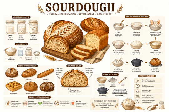 Sourdough bread baking process infographic with starter ingredients steps and benefits illustration
