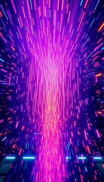 Digital glitch art morphing with electric violet and fiery orange pixels, a data stream cascade from above,  violet,  top view