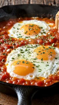 Rustic Fried Eggs in Tomato Sauce with Herbs - A close-up shot of rustic fried eggs nestled in a rich, chunky tomato sauce, generously sprinkled with fresh green herbs.