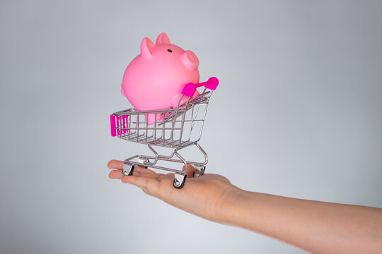 Budget shopping with piggy bank. Budget planning in mini cart. Budget savings with child hand. Budget shopping with money box.