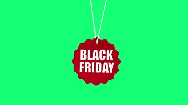 Animated Hanging Red Black Friday Badge Tag Swinging on String on Green Screen Background Animation.