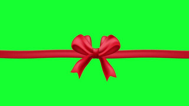 Animated Opening Red Satin Gift Ribbon Bow Expanding Across Screen on Green Screen Background