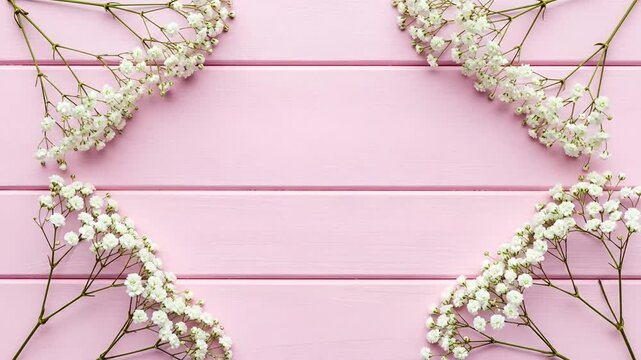 White baby breath flowers arranged on a pink wooden background border