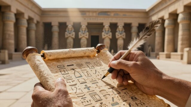 Ancient Hieroglyphs on Papyrus Scroll with Egyptian Temple Background
