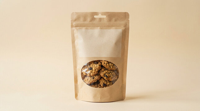 Pouch Mockup with Kraft Paper and Oatmeal Cookies, Standing Bag for Branding and Food Packaging