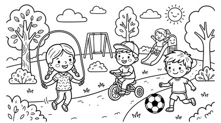 Fototapeta premium Children Playing Soccer and Biking in Park Scene.