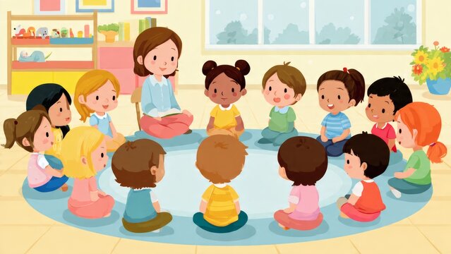 Teacher sits on the floor with a group of diverse young children in a circle during a classroom storytime session.