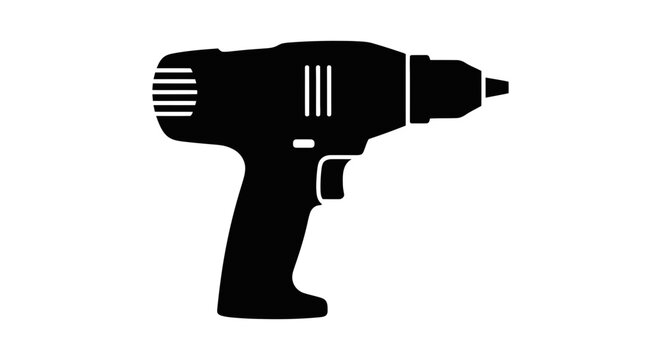 Electric drill tool in black silhouette against a white background silhouette