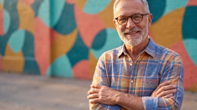 Senior man with grey beard and glasses smiling with arms crossed against colorful mural