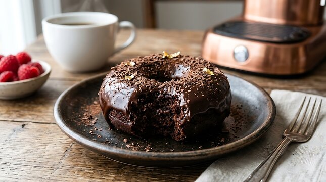 Decadent chocolate donut with glossy ganache topping and gold leaf flakes presented on a ceramic plate on white background