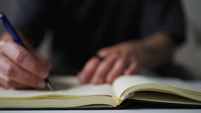 Close up of hands writing productivity journal on paper notebook.