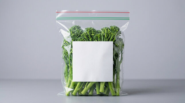 Fresh Broccolini in Transparent Ziplock Plastic Bag with Blank White Mockup Label on Grey Background