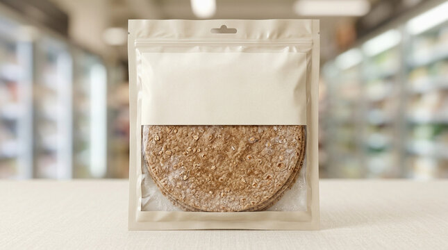Packaging Mockup for Whole Wheat Tortilla Wraps in Plastic Pouch with Blank Label on Blurred Supermarket Background