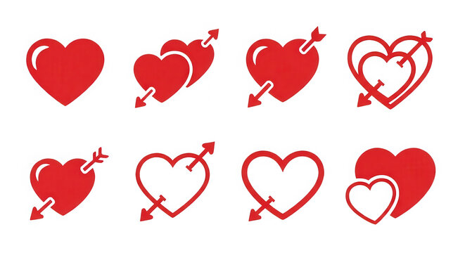 Colorful heart icons with love symbols in a row isolated on transparent background