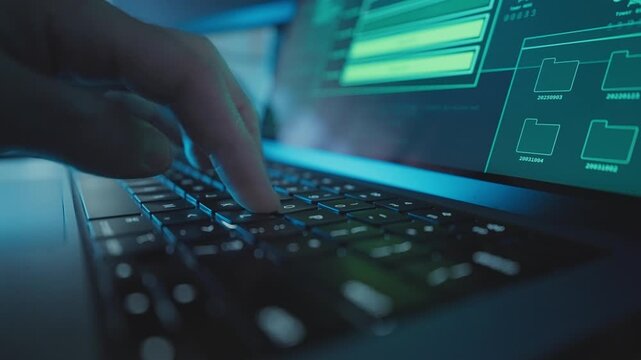 One hand typing on laptop computer keyboard while uploading files online. Hacker or spy presses buttons and coding as data runs on monitor at night. Programming malware or breaking into remote server