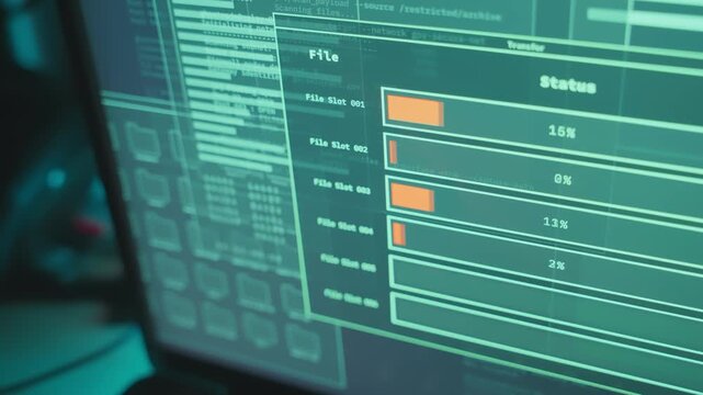 Computer laptop sending and uploading files and data to cloud or server at night. Mysterious suspicious cyber activity in dark web. Breach security by hacker or spy agency. Exposed government archive