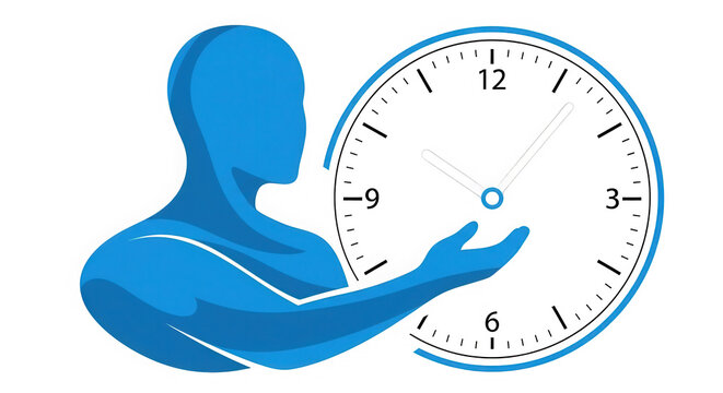 Hand pointing at clock icon with digital clock face isolated on transparent background