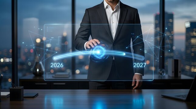 Businessman touching digital futuristic year timeline from 2026 to 2027 hologram interface