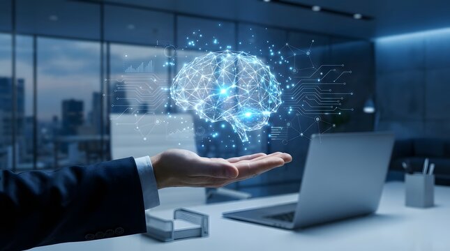 Person holding digital artificial intelligence glowing brain hologram interface with laptop on desk