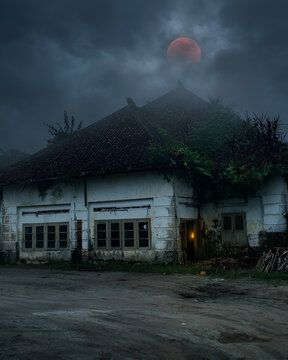 Eerie night scene of an abandoned Dutch colonial house in Indonesia under a red blood moon