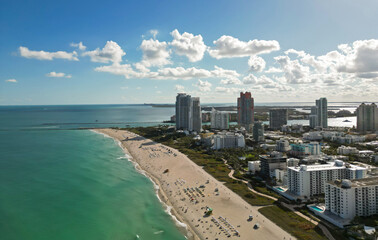 Fototapeta premium Miami city panorama with skyscrapers. Miami pier with south pointe. Miami beach waterfront. Miami shoreline.