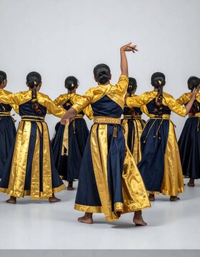 Group of Indian classical dancers performing in traditional blue and gold costumes.